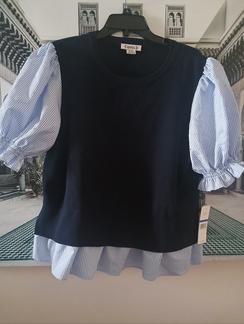 Nannette Navy Ribbed Knit Top with Blue-White Striped Sleeve Detail - Picture 3 of 12